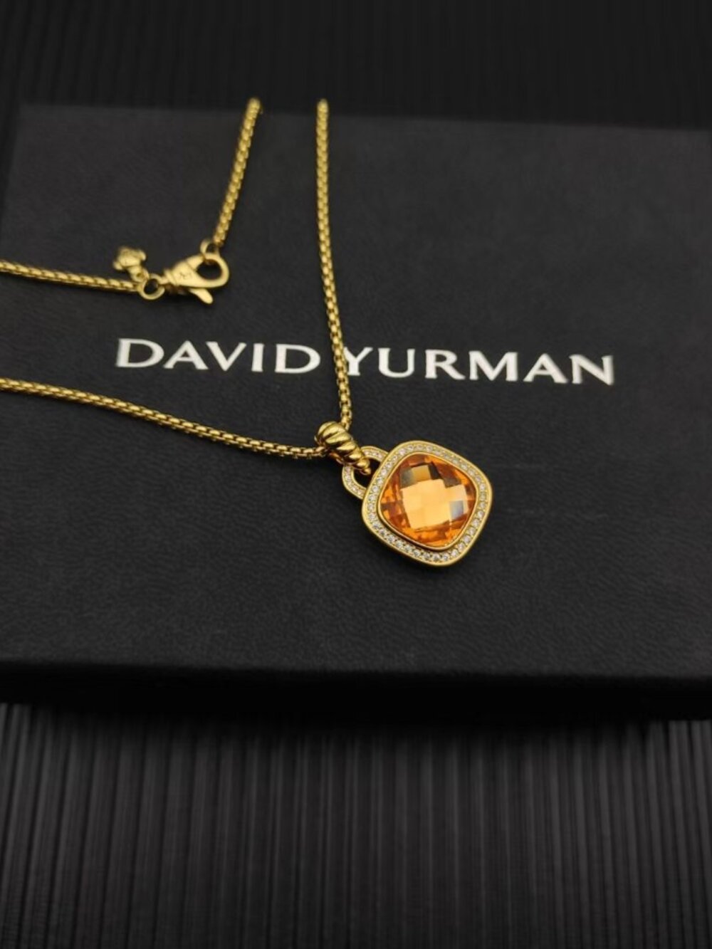 🎈David Yurman Gold Champagne Diamond Center Stone Square Diamond Necklace